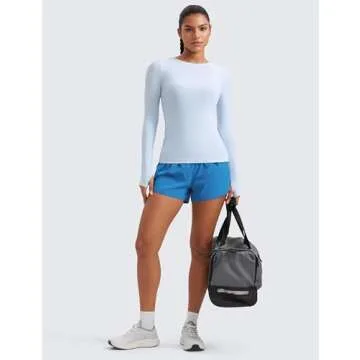 CRZ YOGA Womens Cloudweight Long Sleeve Workout Tops Lightweight Athletic Basic Shirts Soft Casual T-Shirt with Thumb Hole Blue Linen Medium