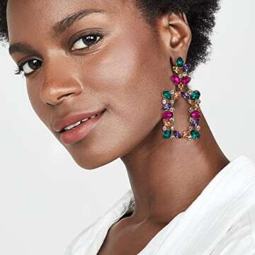 BriLove Art Deco Sparkly Rhinestone Marquise Teardrop Rectangle Geometric Statement Dangle Earrings for Women Multicolor Gold-Toned