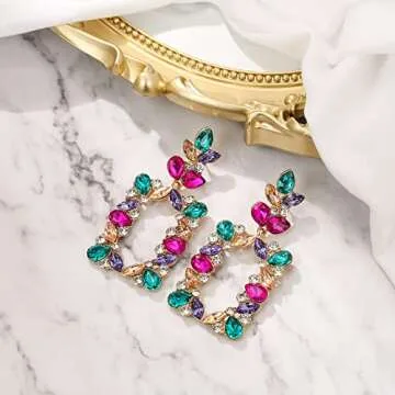 BriLove Art Deco Sparkly Rhinestone Marquise Teardrop Rectangle Geometric Statement Dangle Earrings for Women Multicolor Gold-Toned