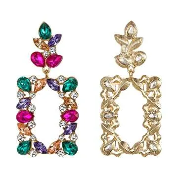 BriLove Art Deco Sparkly Rhinestone Marquise Teardrop Rectangle Geometric Statement Dangle Earrings for Women Multicolor Gold-Toned