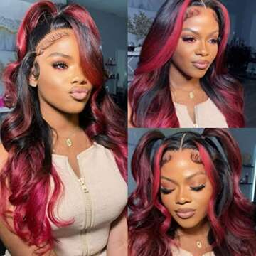 Nadula 13X4 Rose Red Highlight Lace Front Wigs Human Hair Pre Plucked for Women, 12A Brazilian Loose Wave Colored Lace Frontal Wig Dark Burgundy Ombre Red and Black Human Hair Wigs 180% Density 26inch