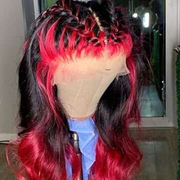 Nadula 13X4 Rose Red Highlight Lace Front Wigs Human Hair Pre Plucked for Women, 12A Brazilian Loose Wave Colored Lace Frontal Wig Dark Burgundy Ombre Red and Black Human Hair Wigs 180% Density 26inch