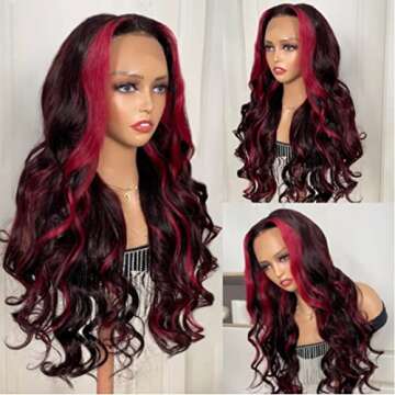 Nadula 13X4 Rose Red Highlight Lace Front Wigs Human Hair Pre Plucked for Women, 12A Brazilian Loose Wave Colored Lace Frontal Wig Dark Burgundy Ombre Red and Black Human Hair Wigs 180% Density 26inch