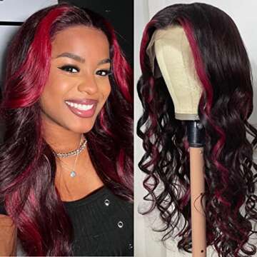 Nadula 13X4 Rose Red Highlight Lace Front Wigs Human Hair Pre Plucked for Women, 12A Brazilian Loose Wave Colored Lace Frontal Wig Dark Burgundy Ombre Red and Black Human Hair Wigs 180% Density 26inch