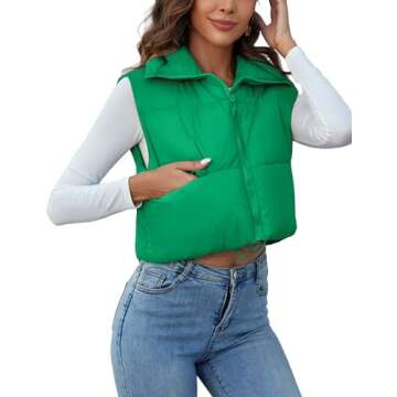 Kissonic Women's Winter Puffer Vest Stand Collar Zip Up Sleeveless Crop Jacket Padded Vest Lightweight Outerwear Gilet (Small, Green)