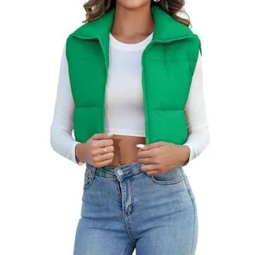 Kissonic Women's Winter Puffer Vest Stand Collar Zip Up Sleeveless Crop Jacket Padded Vest Lightweight Outerwear Gilet (Small, Green)