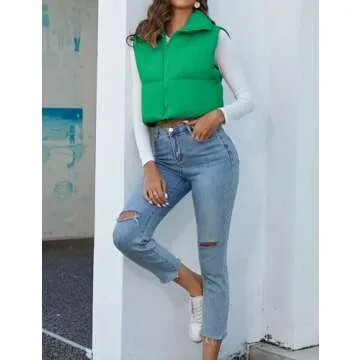 Kissonic Women's Winter Puffer Vest Stand Collar Zip Up Sleeveless Crop Jacket Padded Vest Lightweight Outerwear Gilet (Small, Green)