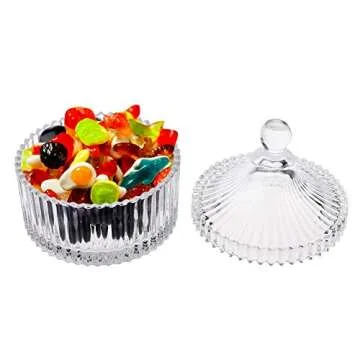 Beautyflier 5” Crystal Castle Candy Dish Stripe Snack Bowl Jar Fruit Container Jewelry Storage Case with Ball Handle Banquet Household Desktop Display Centerpiece