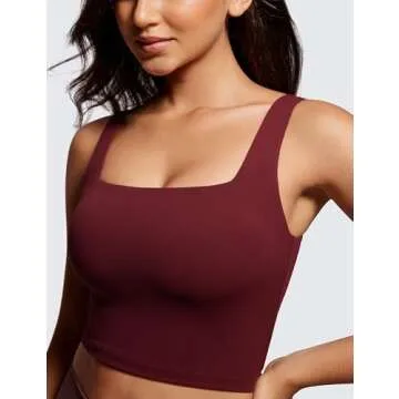 CRZ YOGA Butterluxe Womens Square Neck Longline Sports Bra - Workout Crop Tank Tops Padded Yoga Camisole with Built in Pads Red Merlot X-Small