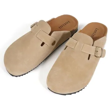 Intini Unisex Suede Leather Clogs Mules Mens Womens Cork Footbed House Slipers with Arch Support and Adjustable Buckle Apricot