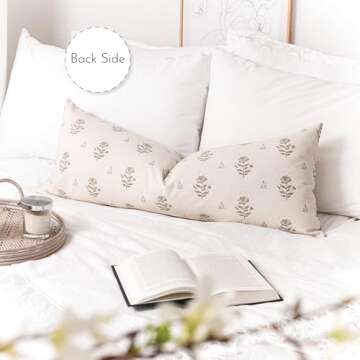 SageSelvas Taupe Farmhouse Decorative Throw Pillow Cover 14X36, Accent Lumbar Throw Pillow for Bed, Floral Neutral Cotton Pillowcase for Couch Sofa Living Room, 1PC