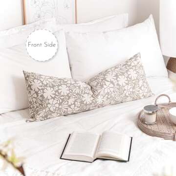 SageSelvas Taupe Farmhouse Decorative Throw Pillow Cover 14X36, Accent Lumbar Throw Pillow for Bed, Floral Neutral Cotton Pillowcase for Couch Sofa Living Room, 1PC