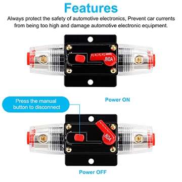 80 Amp 12V-24V DC Fuse Holder,Audio Circuit Breaker,Auto Car Stereo Inline Fuse Holders, Manual Reset,for Car Audio Marine Boat Stereo with Wire Lugs and Heat Shrink Tube