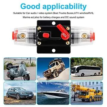 80 Amp 12V-24V DC Fuse Holder,Audio Circuit Breaker,Auto Car Stereo Inline Fuse Holders, Manual Reset,for Car Audio Marine Boat Stereo with Wire Lugs and Heat Shrink Tube