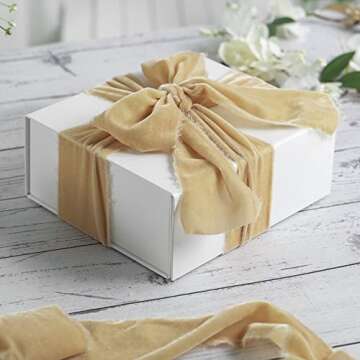 MEEDEE Cream Velvet Ribbon 3 Inch Ivory Velvet Ribbon Frayed Velvet Ribbon Raw Edge Silk Velvet Ribbon For Wreath, Flower Bouquet, Photography, Dress Sash, Parties, Rustic Wedding Decoration (3 Yards)