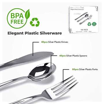 160 Pack Silver Plastic Cutlery Disposable Silverware - 80 Forks, 40 Knives, 40 Spoons - For Caterin...