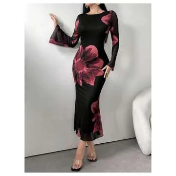 GORGLITTER Women's Floral Print Bodycon Midi Dress Long Sleeve Round Neck Fishtail Dress Party Long Dress Black and Red Small
