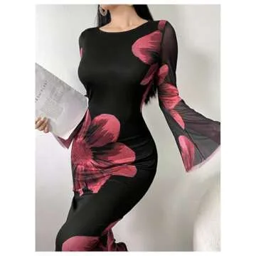 GORGLITTER Women's Floral Print Bodycon Midi Dress Long Sleeve Round Neck Fishtail Dress Party Long Dress Black and Red Small