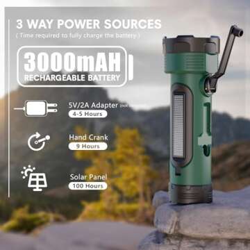 Weather Radio, 3000mAh NOAA Weather Radio with 3-Way Power Sources, Hand Crank Radio Flashlight Cell Phone Charger, Portable Radio AM FM with Reading Lamp for Emergencies/Outdoor