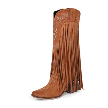 ISNOM Brown Fringe Cowboy Boots for Women – Stylish Western Wear
