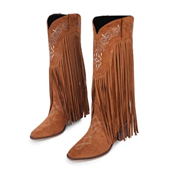 Shop ISNOM Women’s Stylish Brown Fringe Cowboy Boots - Trendy Comfort