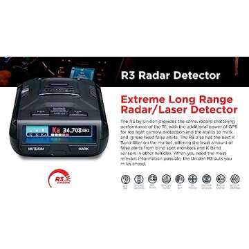 Uniden R3 EXTREME LONG RANGE Laser/Radar Detector, Record Shattering Performance, Built-in GPS w/ Mute Memory, Voice Alerts, Red Light & Speed Camera Alerts, Multi-Color OLED Display , Black