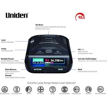 Uniden R3 EXTREME LONG RANGE Laser/Radar Detector, Record Shattering Performance, Built-in GPS w/ Mute Memory, Voice Alerts, Red Light & Speed Camera Alerts, Multi-Color OLED Display , Black