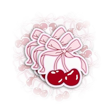 Set of 3 Cute Cherries with Bow Stickers - Waterproof Vinyl for Personal Use & Gifts - Perfect for W...