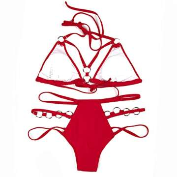 EJsoyo Womens Sexy Thong Bikini Swimsuits String Push up Padded Bathing Suit 2 Piece Cheeky Swimwear with Metal Ring (Medium, Red)