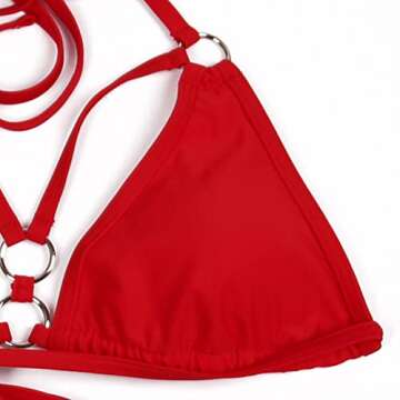 EJsoyo Womens Sexy Thong Bikini Swimsuits String Push up Padded Bathing Suit 2 Piece Cheeky Swimwear with Metal Ring (Medium, Red)