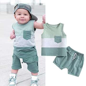 Karesoull Summer Toddler Baby Boy Girl Clothes Set Unisex Waffle Outfits Solid Short Sleeve Pocket Tops Shorts 2PCS