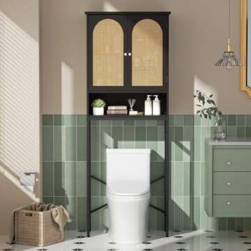 Rattan Toilet Storage Cabinet, Over The Rack Wood Cabinet with Metal Stand, Bathroom Organizer with Adjustable Shelf, Tall Freestanding Washer Shelf, Small Cupboard, Space Saver, Natural style, Black