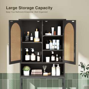 Rattan Toilet Storage Cabinet, Over The Rack Wood Cabinet with Metal Stand, Bathroom Organizer with Adjustable Shelf, Tall Freestanding Washer Shelf, Small Cupboard, Space Saver, Natural style, Black