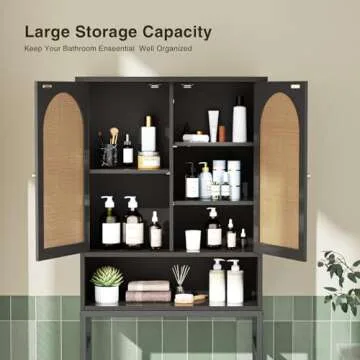 Rattan Toilet Storage Cabinet, Over The Rack Wood Cabinet with Metal Stand, Bathroom Organizer with Adjustable Shelf, Tall Freestanding Washer Shelf, Small Cupboard, Space Saver, Natural style, Black