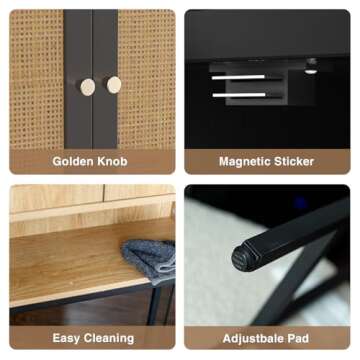 Rattan Toilet Storage Cabinet, Over The Rack Wood Cabinet with Metal Stand, Bathroom Organizer with Adjustable Shelf, Tall Freestanding Washer Shelf, Small Cupboard, Space Saver, Natural style, Black