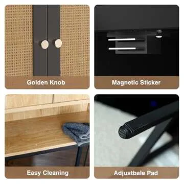 Rattan Toilet Storage Cabinet, Over The Rack Wood Cabinet with Metal Stand, Bathroom Organizer with Adjustable Shelf, Tall Freestanding Washer Shelf, Small Cupboard, Space Saver, Natural style, Black