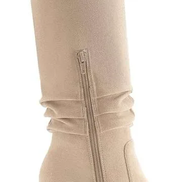 Athlefit Womens Knee High Chunky Heel Boots Faux Suede Pointed Toe Side Zipper Apricot Boots Size 7