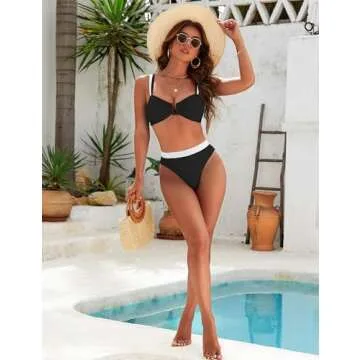 BMJL Women's High Waisted Bikini Sets Color Block Two Piece Swimsuits Cheeky Modest Bathing Suit(Black,S)