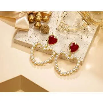 Elegant Pearl Vintage Drip Oil Heart Earrings for Women, Perfect for Valentine's Day and Every Occas...