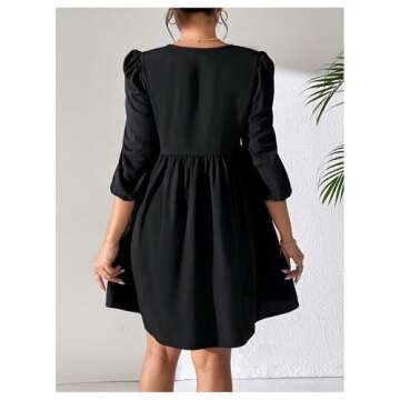 RoseSeek Women's Tie Front Puff 3/4 Sleeve Short Dress - Elegant A-Line Flared Dress in Black