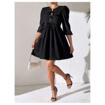 Elegant RoseSeek Tie Front Puff Dress for Women