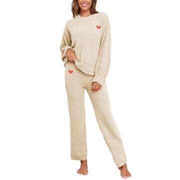Famulily Womens Cozy Warm Fuzzy Fleece Pjs Sets Cute Heart Embroidery 2 Piece Pajamas Top and Pants ...