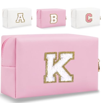 HENGNI Small Personalized Letter Makeup Bag, Cute PU Leather Chenille Letters Cosmetic Bag Travel Ma...