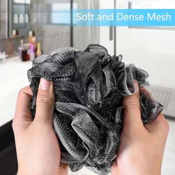 Yoget Bath Loofah Sponge, 4 Pack Black 60G Shower Mesh Ball Soft Pouf Body Scrubber, Exfoliate, Cleanse, Soothe Skin, Black Loofah with White Trim