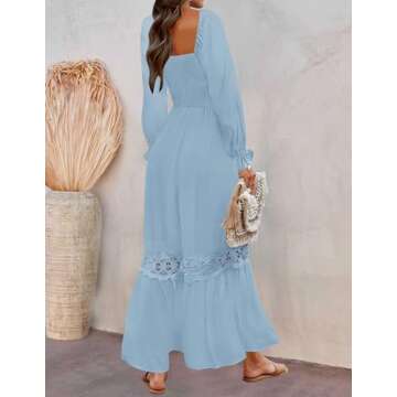 ZESICA Women's Boho Long Sleeve Square Neck Smocked High Waist Flowy A Line Lace Trim Maxi Dress Light Blue S