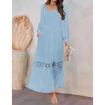 ZESICA Women's Boho Long Sleeve Square Neck Smocked High Waist Flowy A Line Lace Trim Maxi Dress Light Blue S
