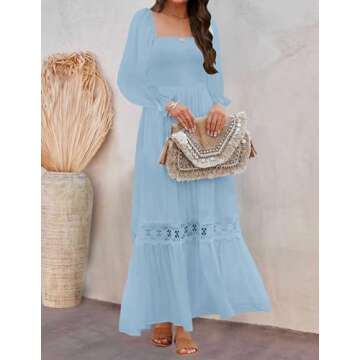 ZESICA Women's Boho Long Sleeve Square Neck Smocked High Waist Flowy A Line Lace Trim Maxi Dress Light Blue S