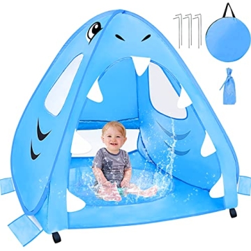 Extra High Shark Baby Beach Tent with Pool, Pop Up Baby Pool Tent UPF 50+ UV Protection 4 Sand Pocke...