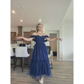 Eightale Tulle Dotted Prom Dress Tea-Length for Teens Off Shoulder Champagne Tulle Dress Elegant A-Line Sweetheart Formal Evening Party Gown Petite Size 2