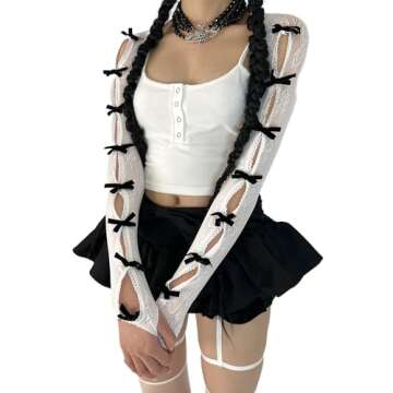Women's Mesh Lace Shrug Crop Top Y2K Aesthetic Arm Sleeves Cardigan with Bow Grunge Cute Fairycore A...